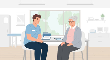 Naklejka premium Doctor Talking to Senior Woman Patient in Clinic Room