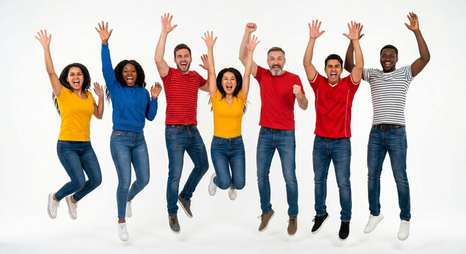 Joyful Diverse Group of Football Fans Celebrating Victory, Excited Soccer Supporters Isolated on White Background