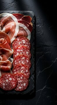Slices of savory prosciutto and peppered salami laid on dark stone, highlighted by subtle light beams creating a deep, moody atmosphere, salami, snacks, artisanal