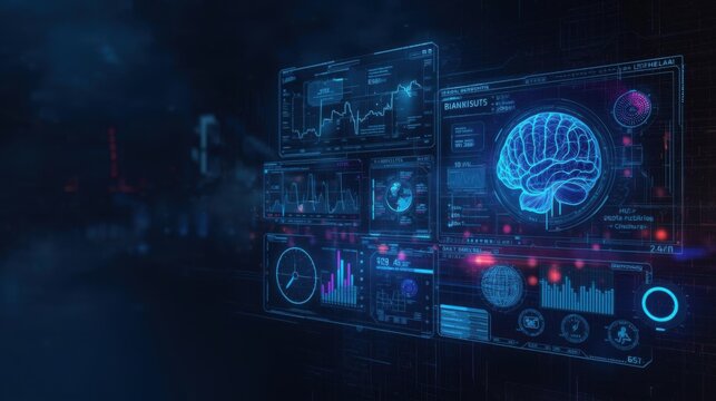 UI overlay artificial intelligence dashboard holographic data panels with copy space glowing lighting cyberpunk background