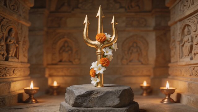 Golden trident with flowers in temple