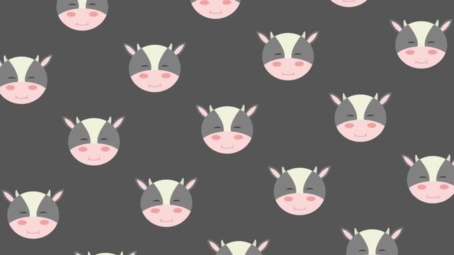 Adorable cartoon cow heads form a charming, repeating seamless pattern on a dark background, perfect for whimsical children's designs or fun textile prints