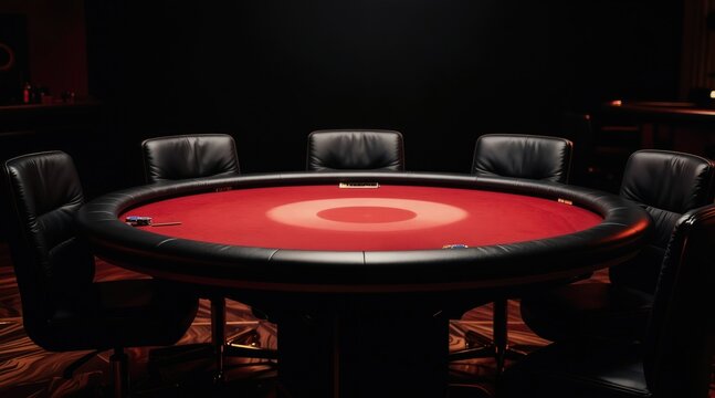 Luxurious poker table with red felt surface and black leather chairs. Gaming table ready for play in dark casino room. Empty chairs surround the round gambling surface.