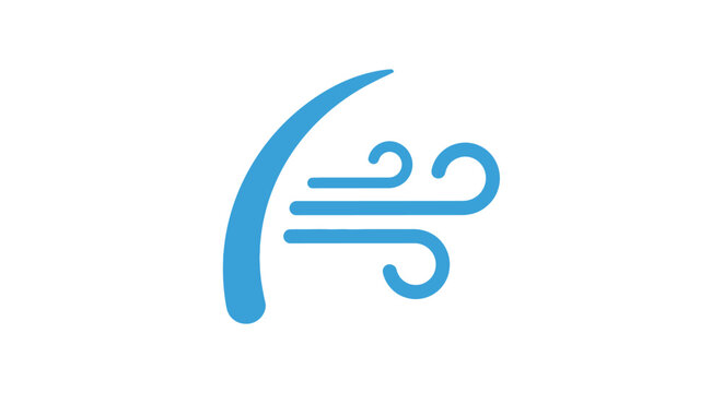 A simple blue icon representing a gust of wind on a white background