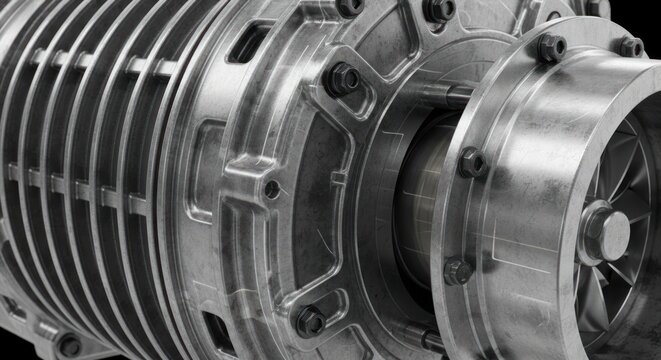 Close-up of a polished chrome supercharger engine part.