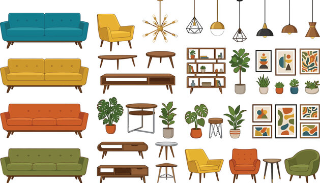 Mid century modern furniture collection featuring colorful sofas armchairs wooden tables hanging lamps indoor plants and abstract wall art illustrations