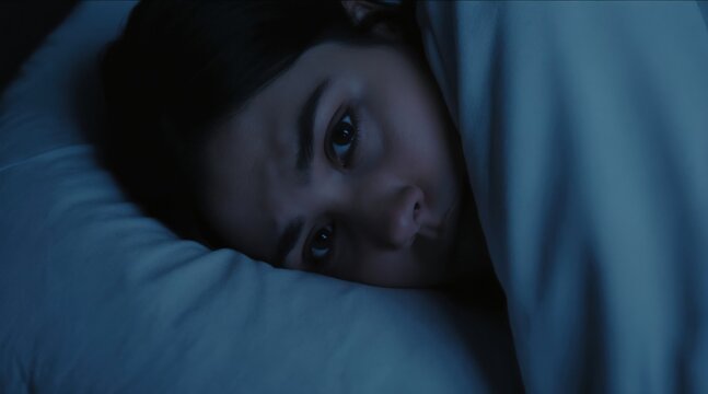 Young woman in bed at night, eyes wide open due to insomnia or anxiety. She lies on pillow under blanket, unable to sleep, experiencing distress. Face shows worry, sleeplessness. Soft blue lighting.