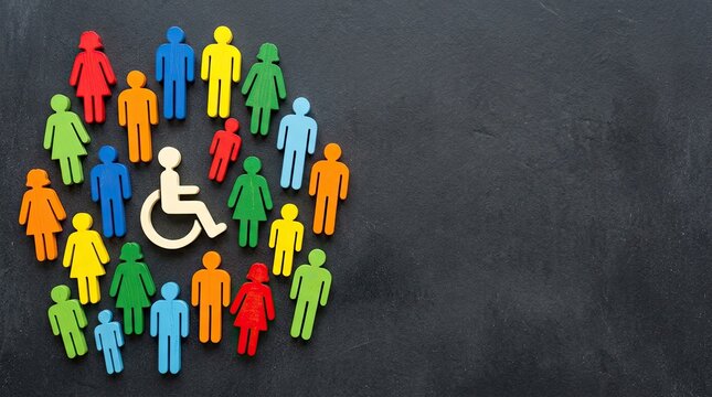 Colorful wooden figures of people surrounding a white wheelchair icon on a dark textured black background representing inclusive community concepts