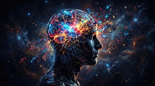 Human head silhouette with a glowing cracked brain structure exploding into colorful particles against a dark deep space galaxy background