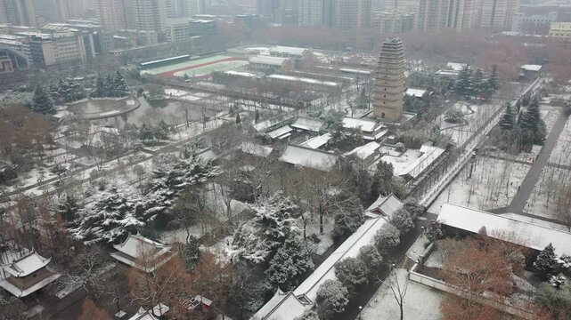 Snow Covered Giant Wild Goose Pagoda and Temple Complex in Xi'an in Xi an, Shaanxi, China