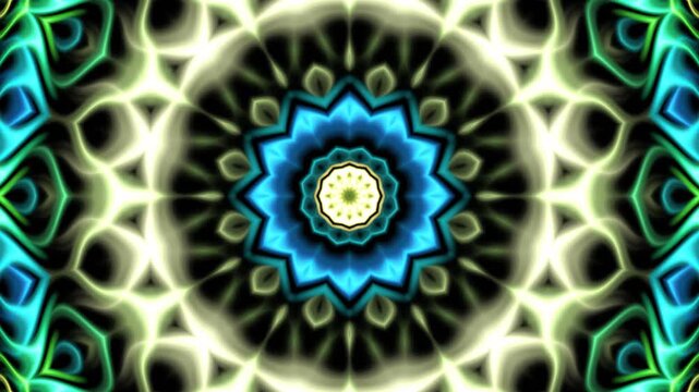 Amazing ethnic mosaic ornament with green, blue, yellow geometric particles with waves motion on black backdrop. Seamless loop sequence of abstract fractal metamorphoses and spin. 4K UHD 4096x2304