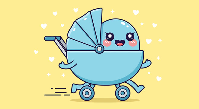 Cute Blue Baby Stroller Character Running with Hearts Background