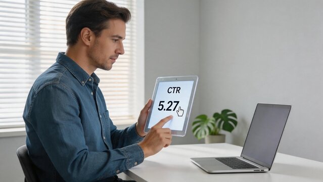 Man viewing CTR on tablet in office