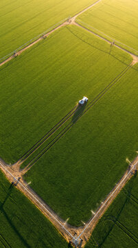 Dramatic Aerial View of Geometric Green Agricultural Field With Autonomous Electric Tractor and Precise Parallel Tracks