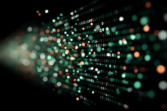 Abstract data visualization with glowing green and orange dots on a dark background, representing binary code and digital information flow