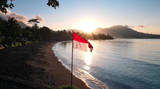Indonesian flag waving over rice terraces and tropical beach at sunrise