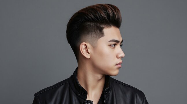 Young man with stylish pompadour hairstyle and fade haircut wears black leather jacket. Profile view of male model against gray background shows groomed hair. Handsome person showcases modern fashion.