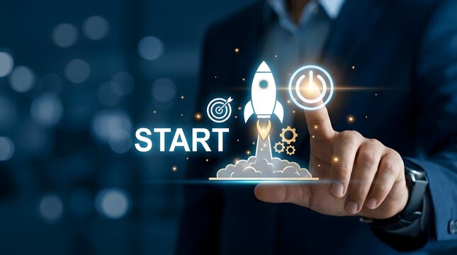 A businessman touches a digital screen showing a rocket launching, symbolizing business growth and startup success.