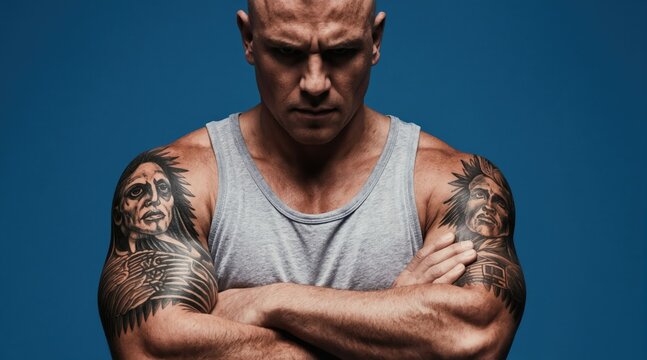 Muscular bald man with full arm tattoos in grey tank top stands arms crossed. Focused intense gaze looking down. Studio shot with plain blue background, shows bodybuilder physique. Masculine powerful