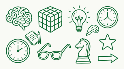 Fototapeta premium Collection of icons representing ideas, thinking, and strategy in a simple line art style.