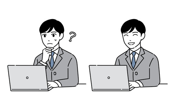 パソコンを使用しているスーツ男性　ビジネスマン　表情セット１２