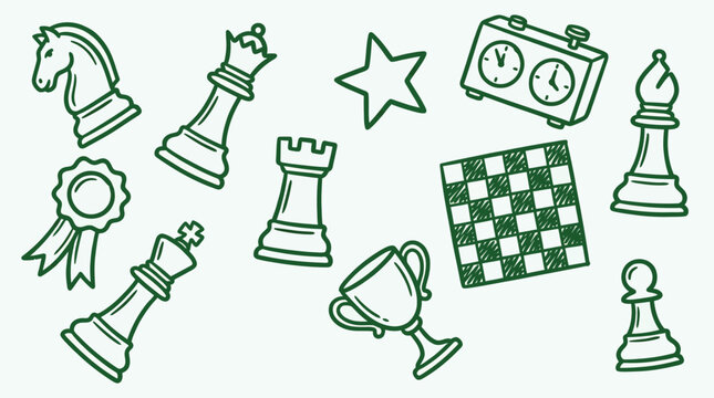 Collection of hand-drawn chess pieces and related items, including a chessboard, timer, trophy, and ribbon.