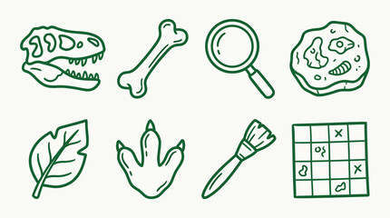 Collection of Dinosaur Fossils and Paleontology Tools Icons. © logan