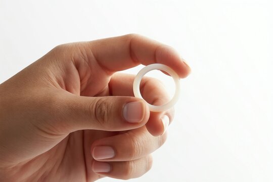 Female hand holds a flexible white vaginal ring. Contraceptive device used for birth control. Health product for family planning. Female reproductive health option.