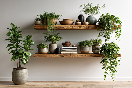 Wooden shelves display various plants and decorative items in a bright room
