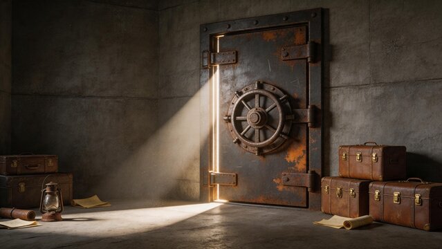 Rusty vault door with light and suitcases