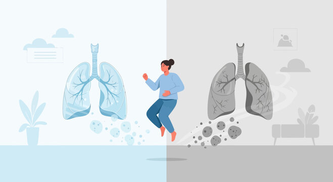 Healthy Lungs vs. Diseased Lungs: Woman Exercising & Pollution Impact