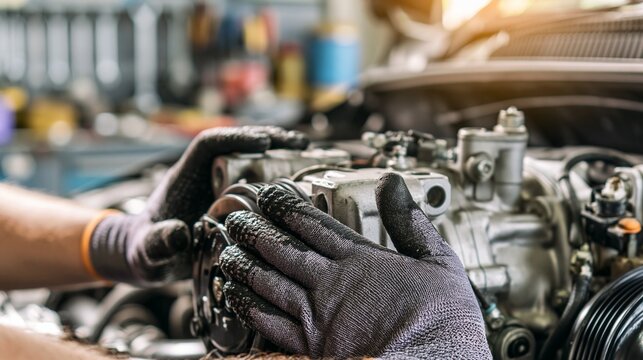 Medium shot of gloved hands carefully removing a vehicle AC compressor under the hood with background tools softly blurred in a tidy workshop bathed in natural light