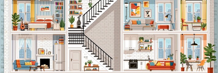 Fototapeta premium Medium shot of a detailed interior crosssection of a multifamily building highlighting individual apartments with modern furnishings and a central stairwell in a clean flat