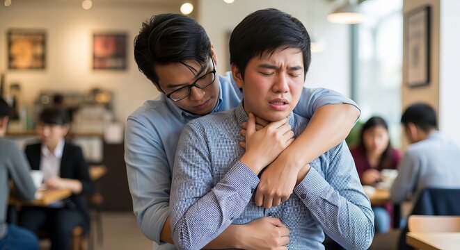 A man performing the Heimlich maneuver on a choking man in a busy cafe. First aid training and emergency response procedure to save a life during a health crisis in a public space