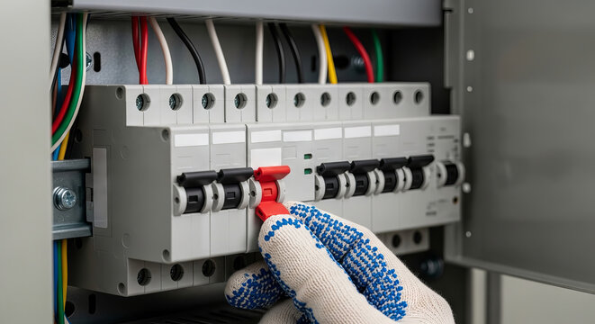 Electrician hand in safety glove switching circuit breaker in electrical control panel. Professional repair of home power fuse box. Maintenance work on distribution board equipment