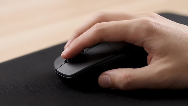 Close-up of a hand clicking and scrolling a black computer mouse on a desk