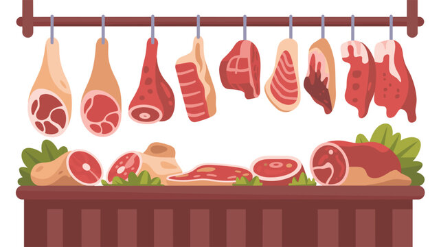 Assorted cured meat cuts hang from a wooden rack above a butcher block table filled with fresh raw steaks in a traditional butcher shop.
