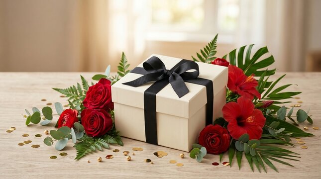 Gift box with black ribbon and red flower arrangement for Juneteenth celebration. Elegant present decorated with roses and hibiscus, festive concept for African American heritage day
