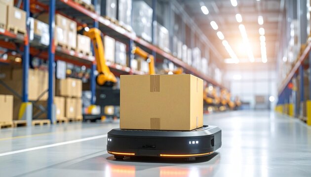 Automated Guided Vehicle AGV Robot Carrying Cardboard Box in Modern Smart Factory Warehouse