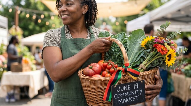 African American woman gardener holding a harvest basket with vegetables and flowers at a Juneteenth market. Community celebration of freedom, local food, and cultural heritage activity