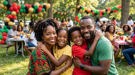 Fototapeta premium Black family hugging at Juneteenth outdoor celebration. Happy parents with daughter and son enjoying community festival. Joyful cultural heritage event with festive balloon decoration