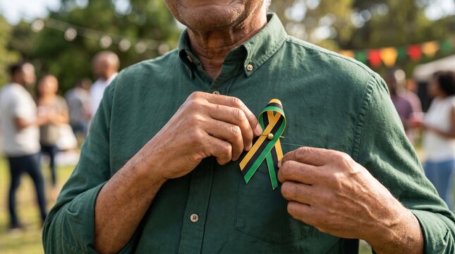 Senior man pinning Juneteenth ribbon on shirt during outdoor community festival. African American gentleman celebrating freedom and heritage. Cultural awareness event and festive unity concept