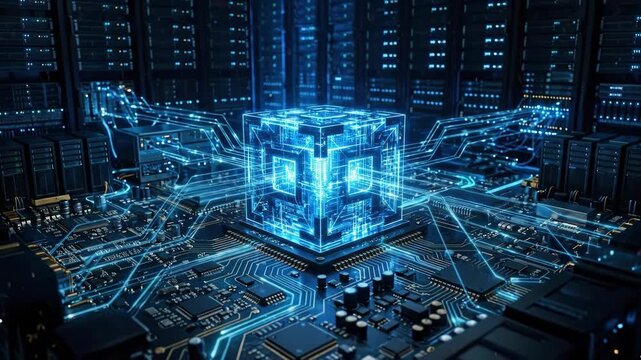 Abstract glowing blue cube on circuit board with network connections, enterprise infrastructure, connected systems, high-performance computing and scalable digital operations, cinematic contrast, dark