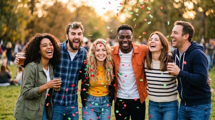 Diverse friends celebrating Juneteenth with confetti in park. Multiethnic group of young people laughing and holding drinks outdoors. Community togetherness, freedom, and joy concept