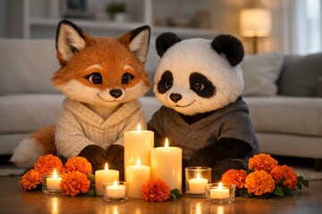 Naklejka premium Adorable fox and panda plush toys with candles and marigold flowers during day of the dead celebration in cozy setting. concept of cultural traditions, festive decor, friendly gathering.