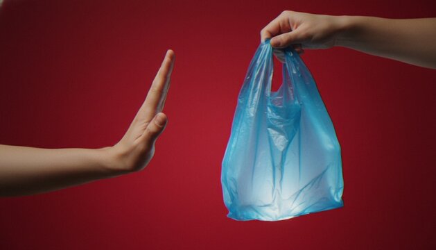 A person refusing a single-use blue plastic shopping bag against a solid red background, symbolizing environmental awareness and the movement to reduce plastic waste.