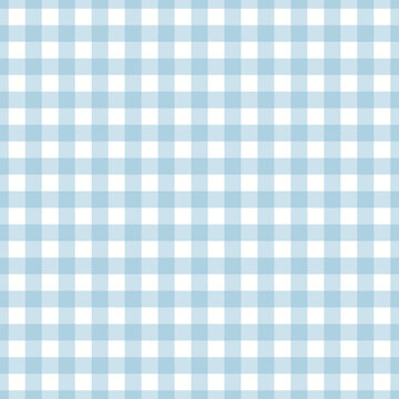 Seamless pattern with light blue gingham plaid on a white background, picnic tablecloth texture, vector geometric illustration