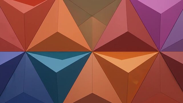 A vibrant wall featuring a repeating pattern of colorful three dimensional triangles