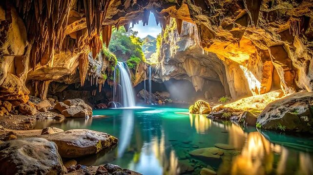 A beautiful waterfall flows into a hidden pool inside a natural limestone cavern