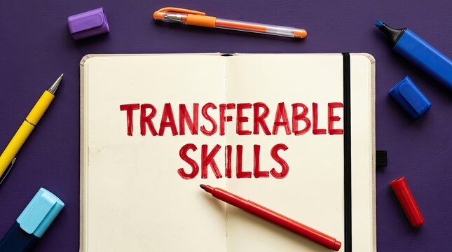 Red marker handwritten text transferable skills on open notebook pages surrounded by colorful office supplies on a dark purple background